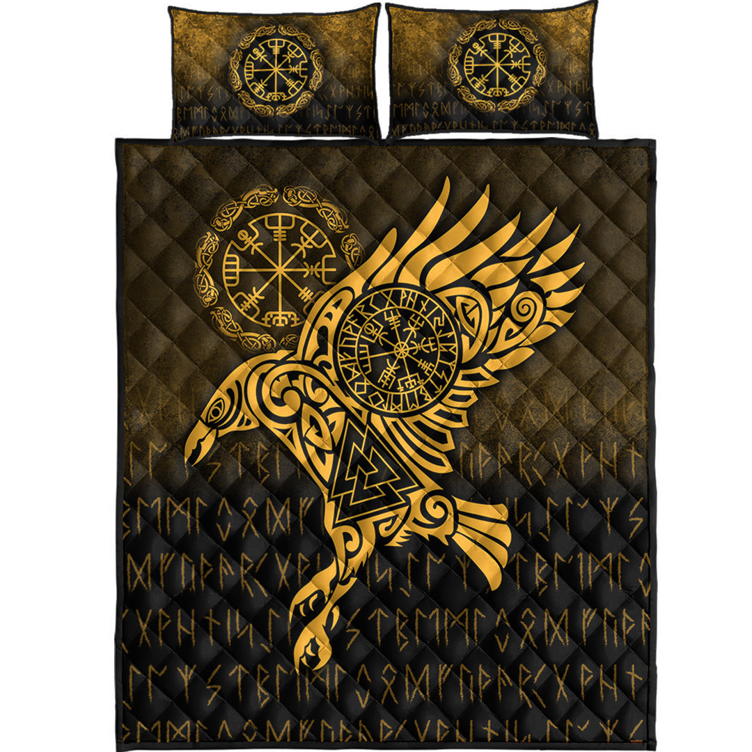 Viking Quilt Bedding Set Raven Vegvisir Tattoo Gold Version