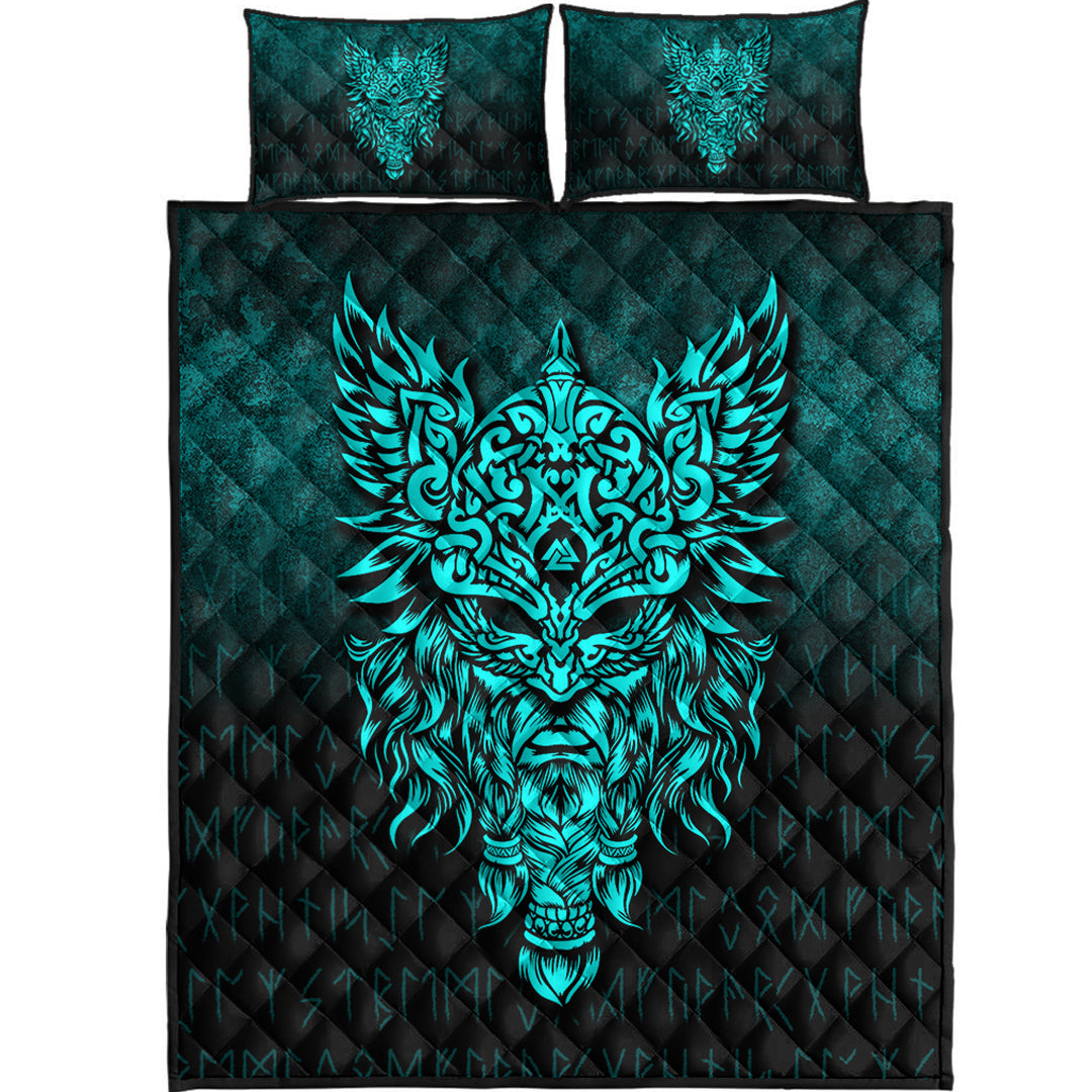 Viking Quilt Bedding Set Odin The Allfather Asgard God And Chief Of Aesir Cyan Version