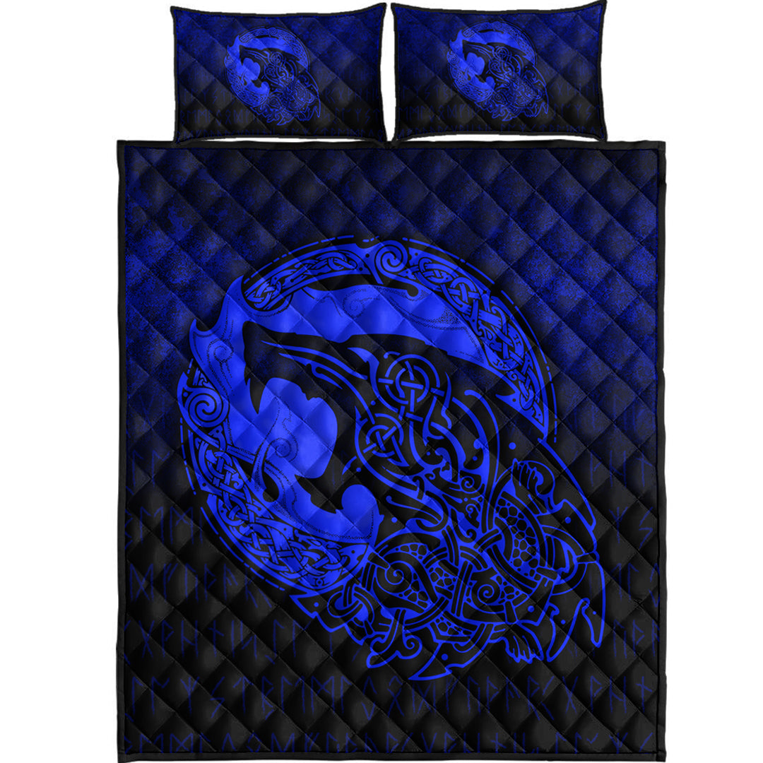 Viking Quilt Bedding Set Fenrir Viking 3D Tattoo Blue Version