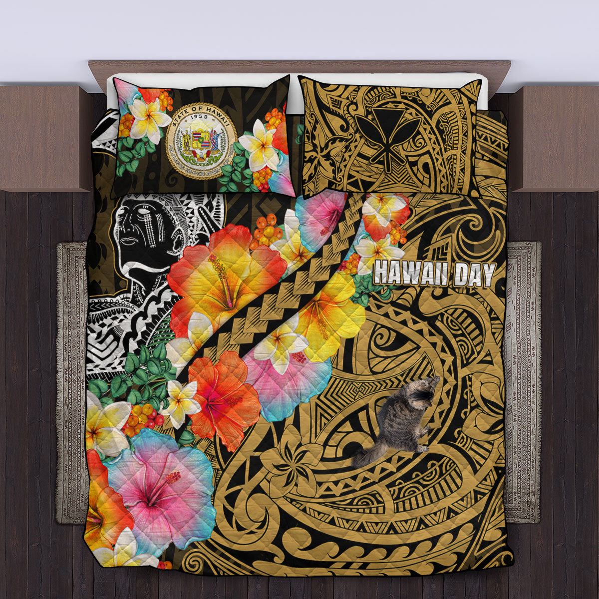 Hawaii Day King Kamehameha Quilt Bed Set