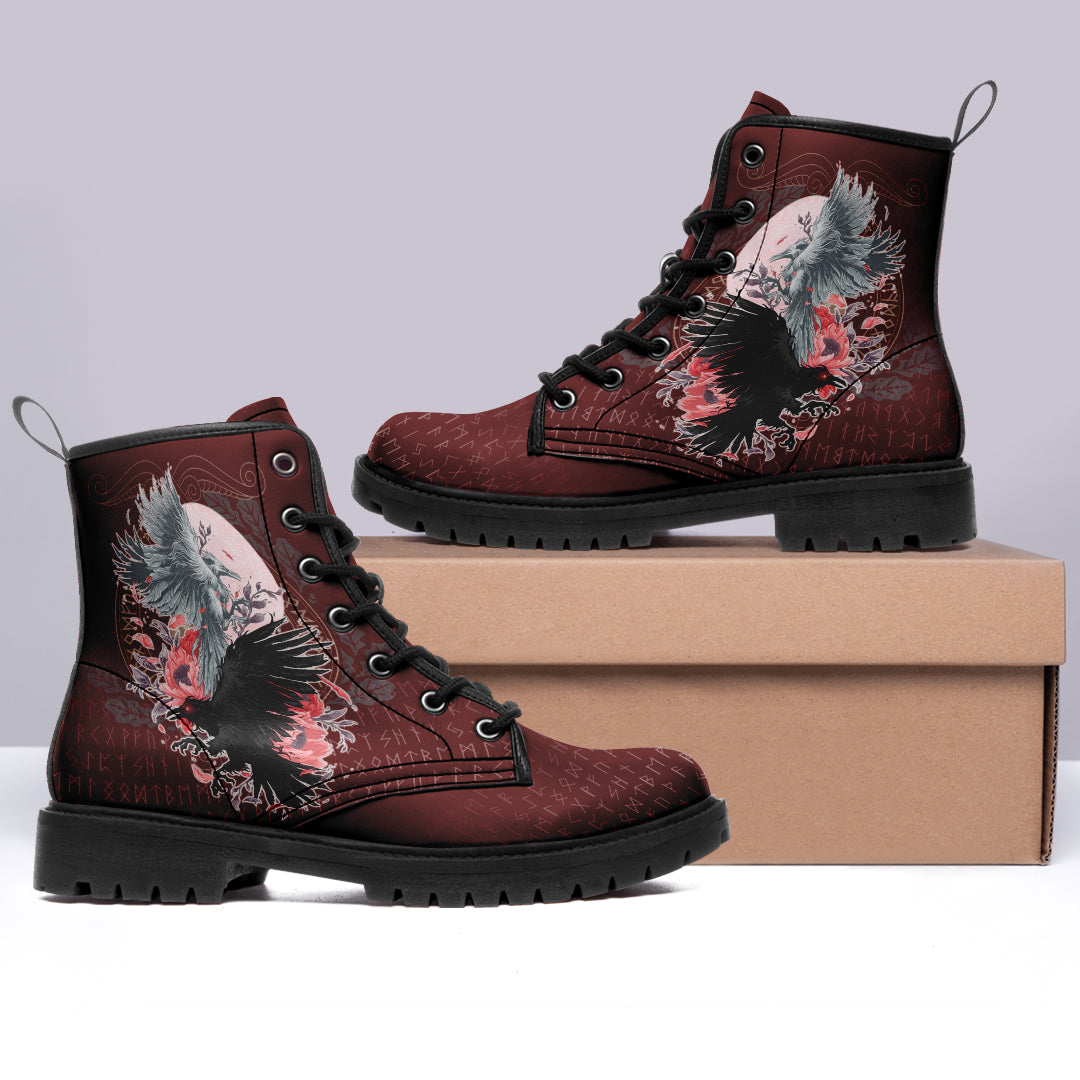 Viking Leather Boots Raven Black and White Red Yggdrasil