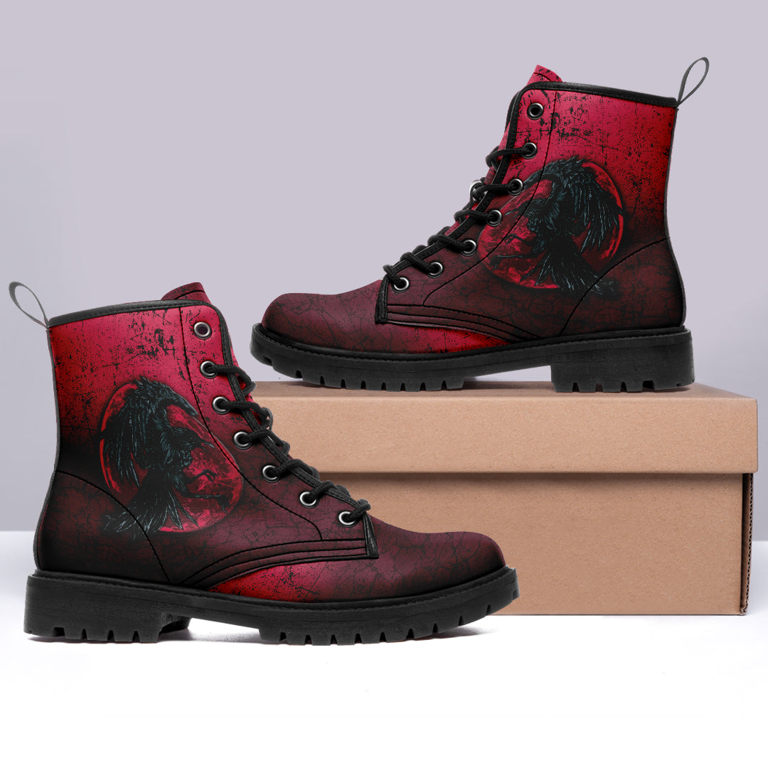 Viking Leather Boots Raven and Blood Moon Brush Style