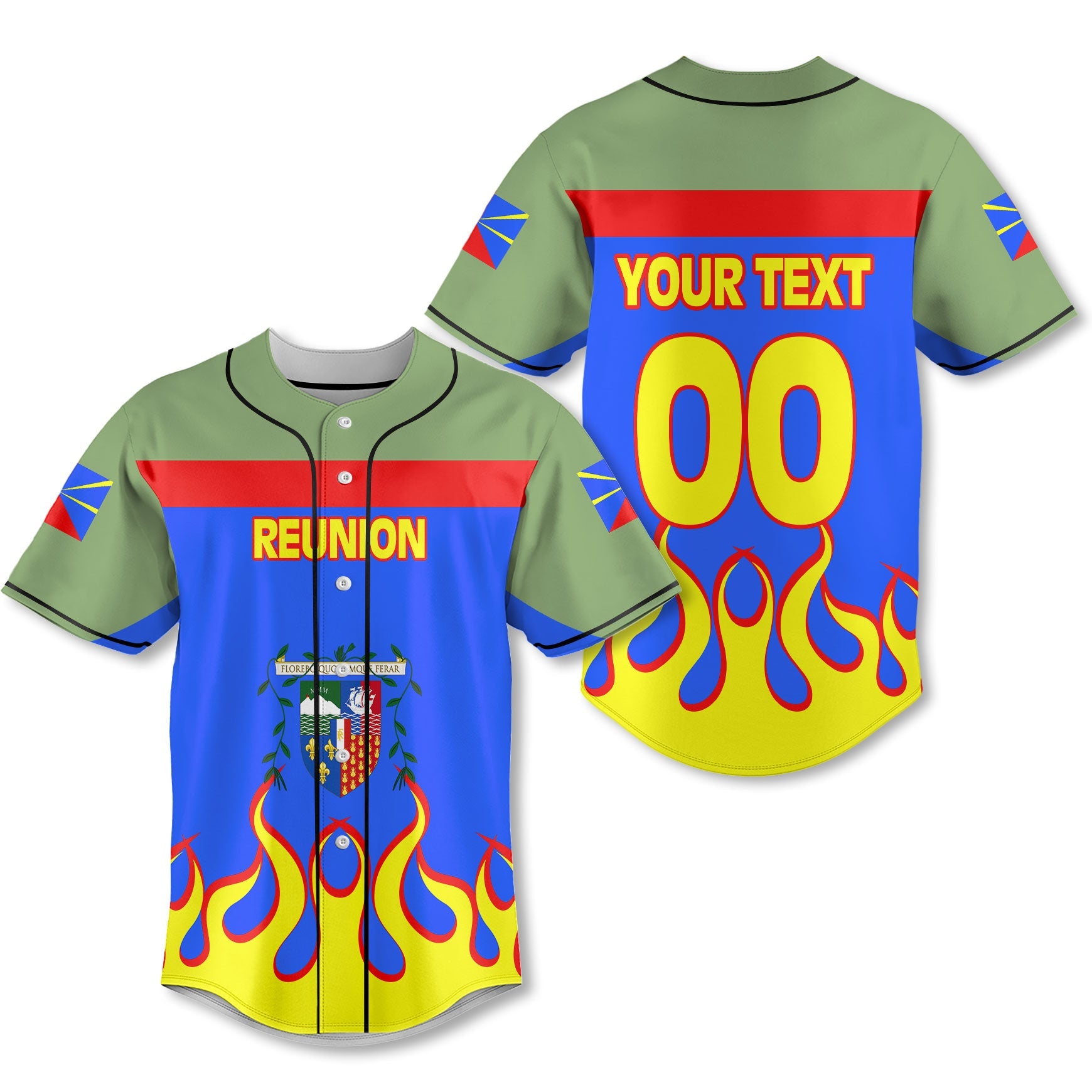 Reunion Baseball Jersey Flag & Coat Of Arms Fire Hockey Style