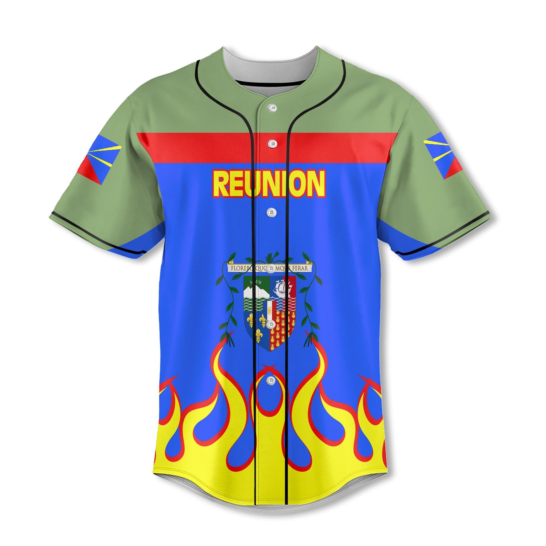 Reunion Baseball Jersey Flag & Coat Of Arms Fire Hockey Style