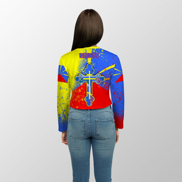 Reunion Crop Top Long TShirt Flag & Coat Of Arms Orthodox Style