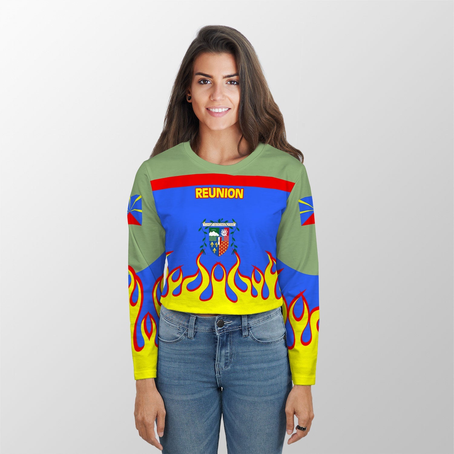 Reunion Crop Top Long TShirt Flag & Coat Of Arms Fire Hockey Style