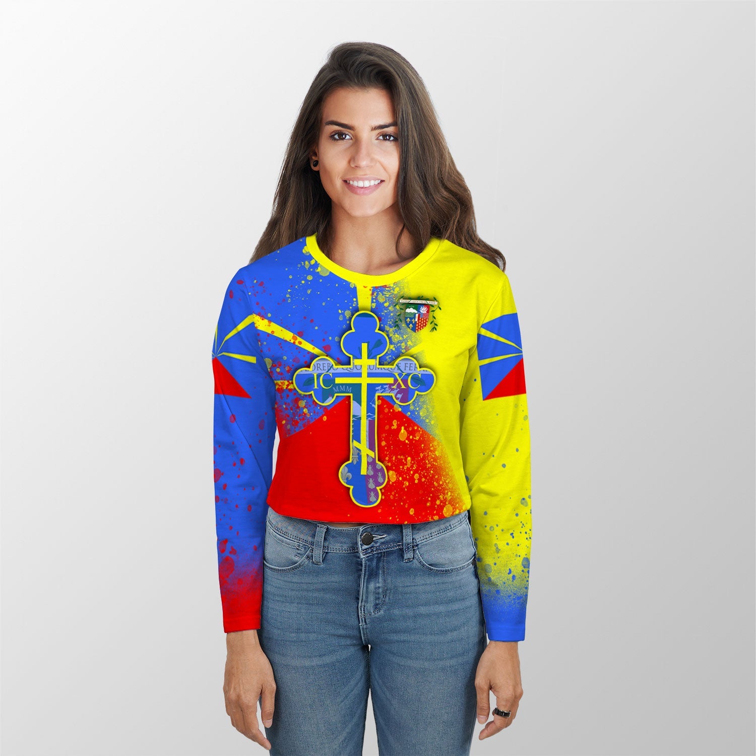 Reunion Crop Top Long TShirt Flag & Coat Of Arms Orthodox Style