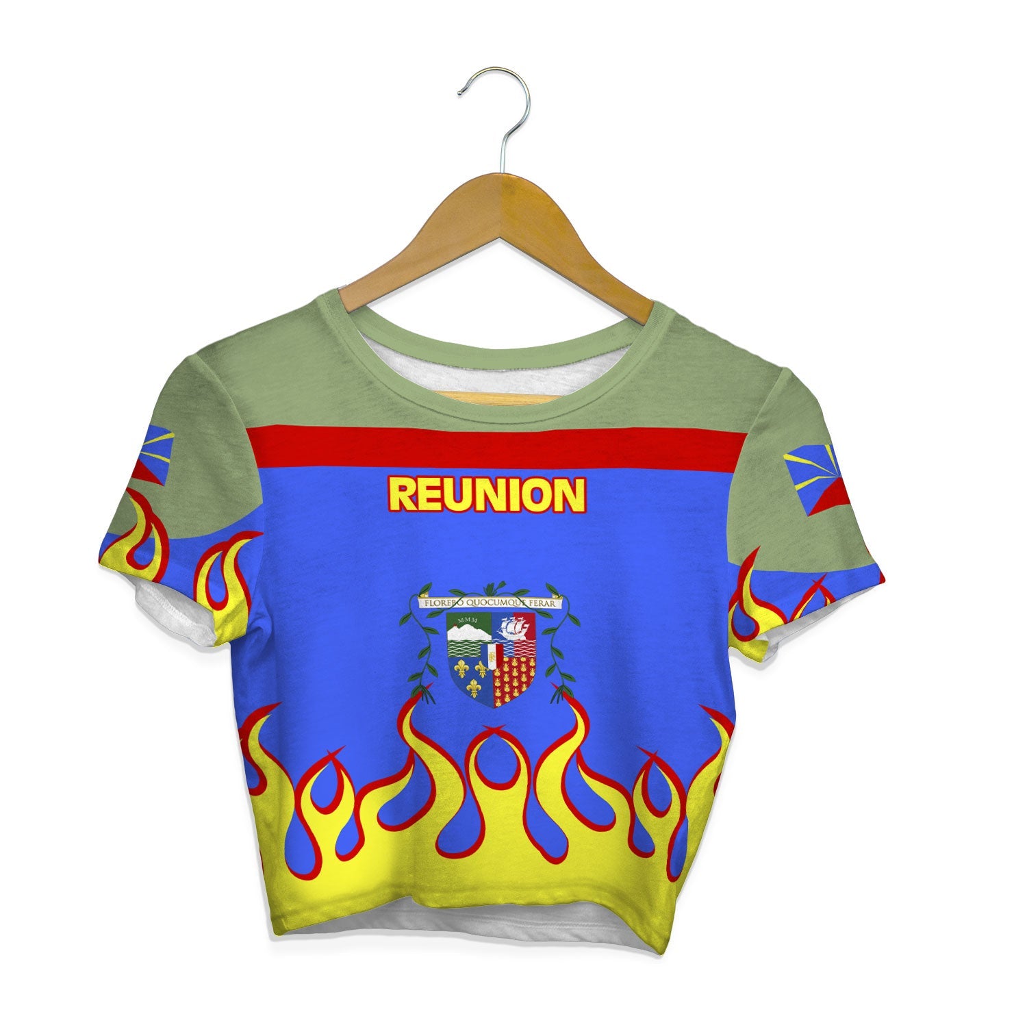 Reunion Crop Top T Shirt Flag & Coat Of Arms Fire Hockey Style