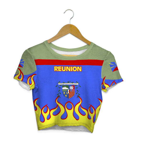 Reunion Crop Top T Shirt Flag & Coat Of Arms Fire Hockey Style