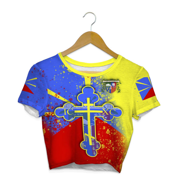 Reunion Crop Top T Shirt Flag & Coat Of Arms Orthodox Style