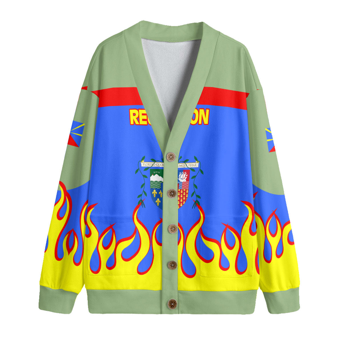 Reunion Fleece Cardigan Flag & Coat Of Arms Fire Hockey Style