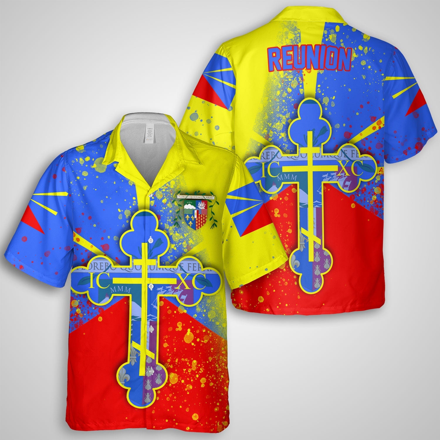 Reunion Hawaiian Shirt Flag & Coat Of Arms Orthodox Style