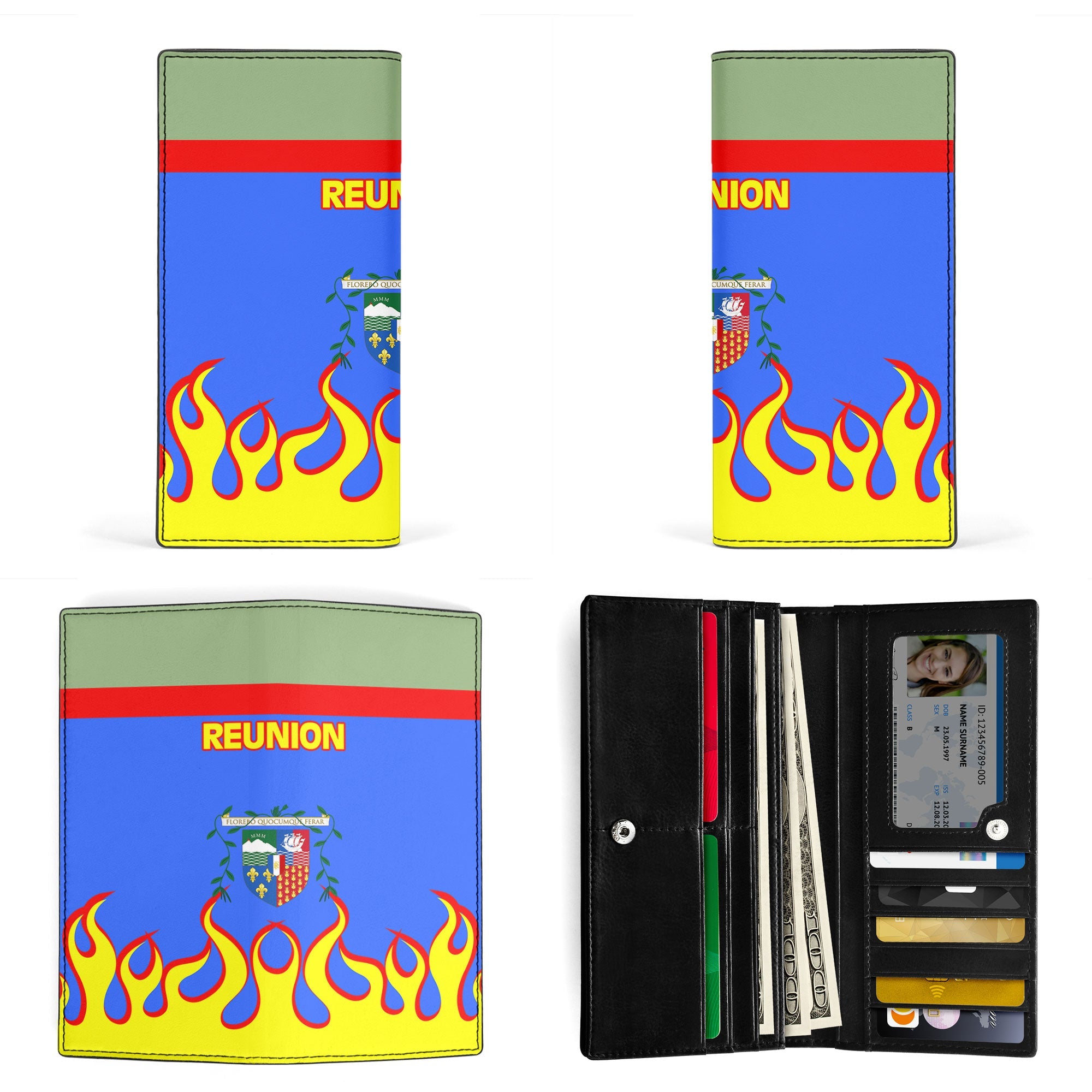 Reunion Leather Wallet Flag & Coat Of Arms Fire Hockey Style