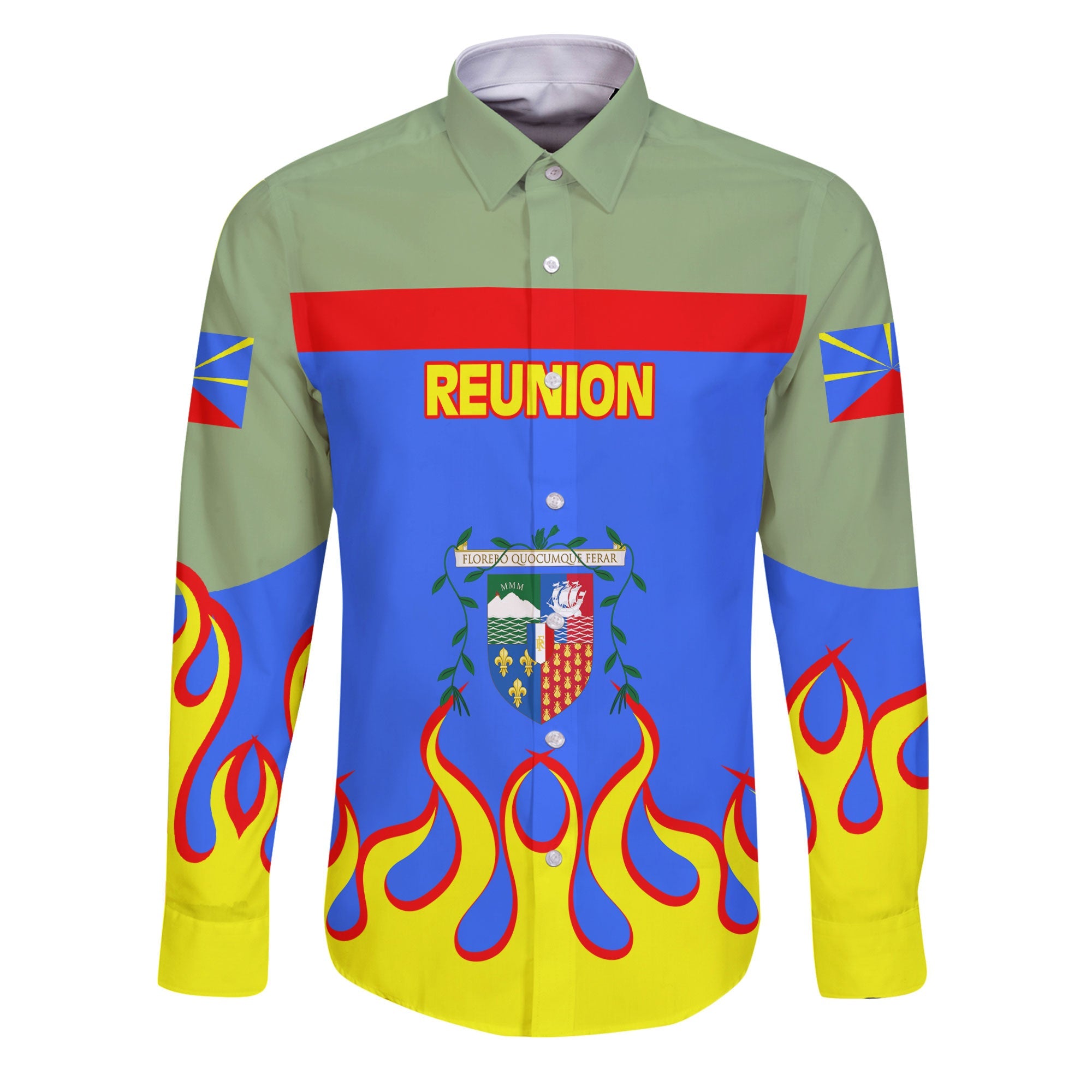 Reunion Long Sleeve Button Shirt Flag & Coat Of Arms Fire Hockey Style