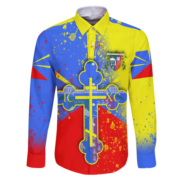 Reunion Long Sleeve Button Shirt Flag & Coat Of Arms Orthodox Style