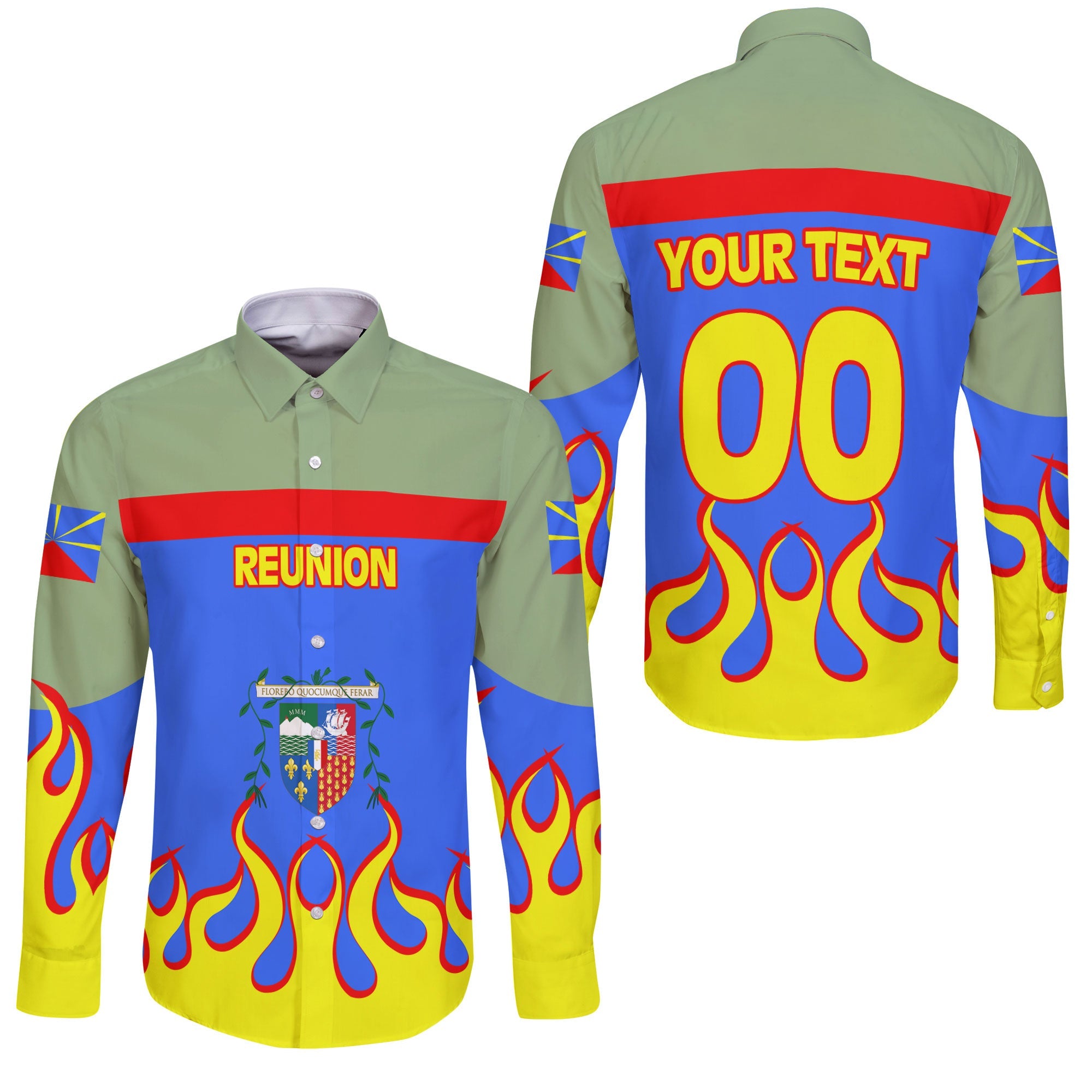 Reunion Long Sleeve Button Shirt Flag & Coat Of Arms Fire Hockey Style