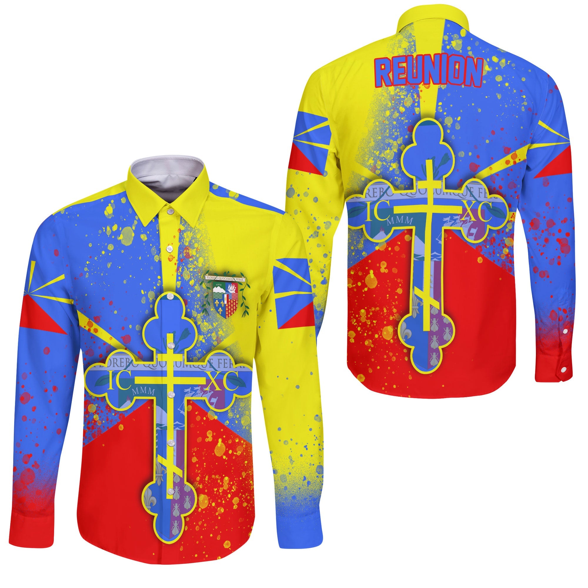 Reunion Long Sleeve Button Shirt Flag & Coat Of Arms Orthodox Style