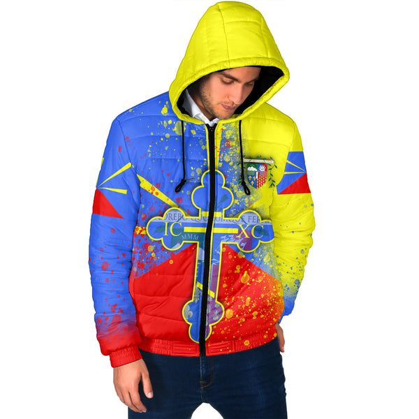 Reunion Men Hooded Padded Jacket Flag & Coat Of Arms Orthodox Style