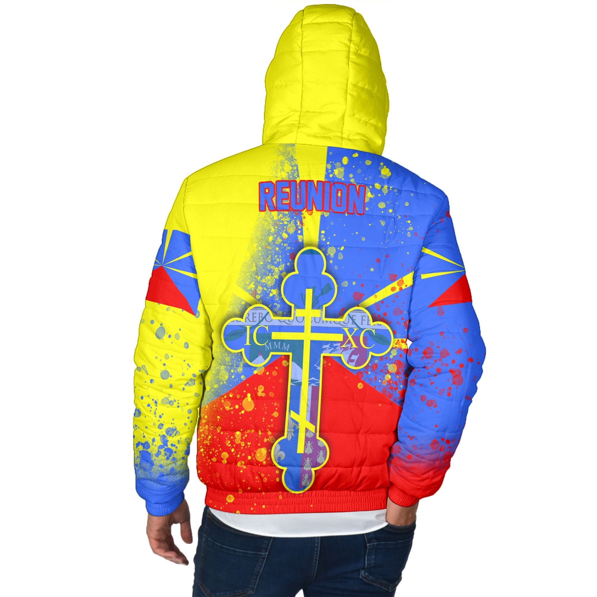 Reunion Men Hooded Padded Jacket Flag & Coat Of Arms Orthodox Style