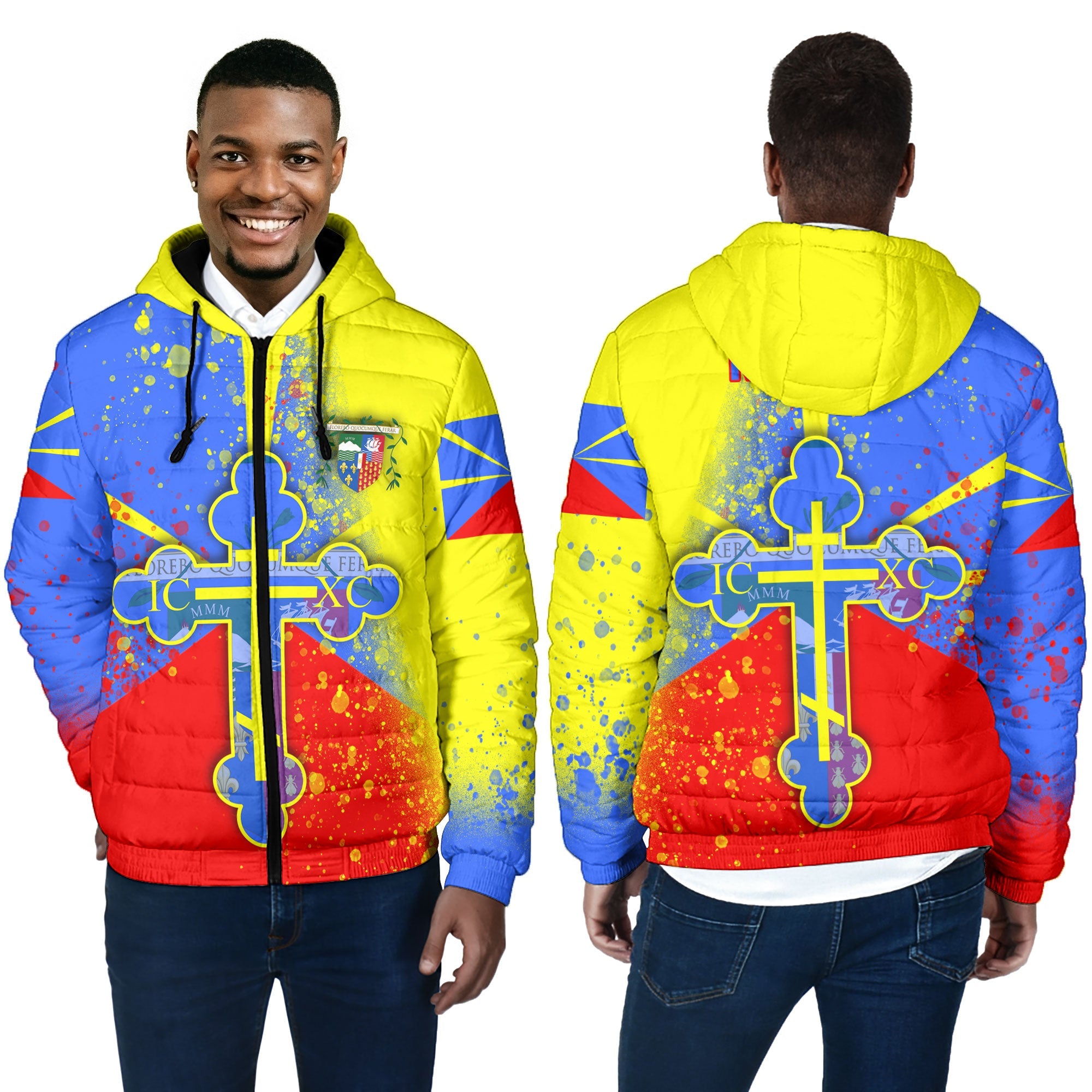 Reunion Men Hooded Padded Jacket Flag & Coat Of Arms Orthodox Style