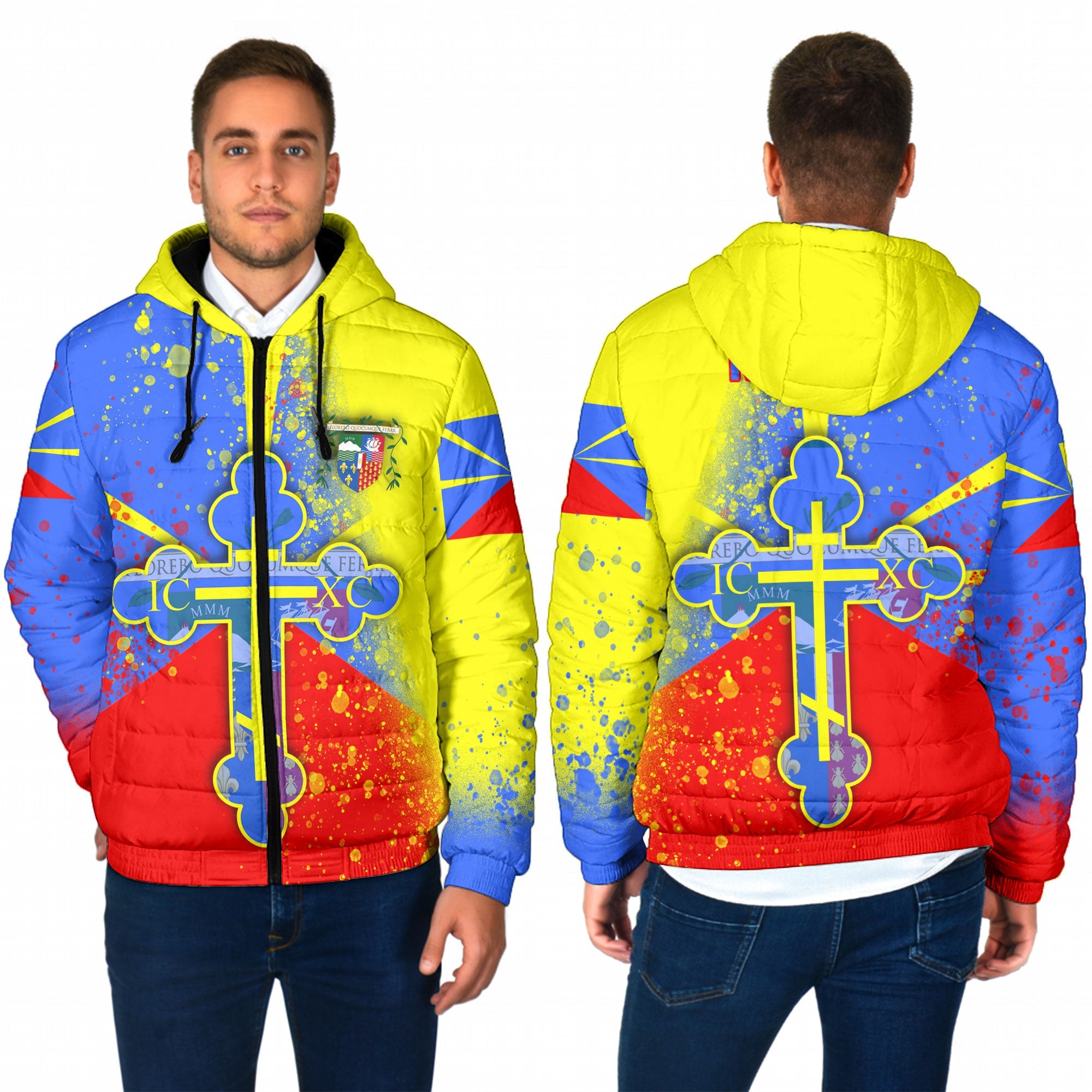 Reunion Men Hooded Padded Jacket Flag & Coat Of Arms Orthodox Style