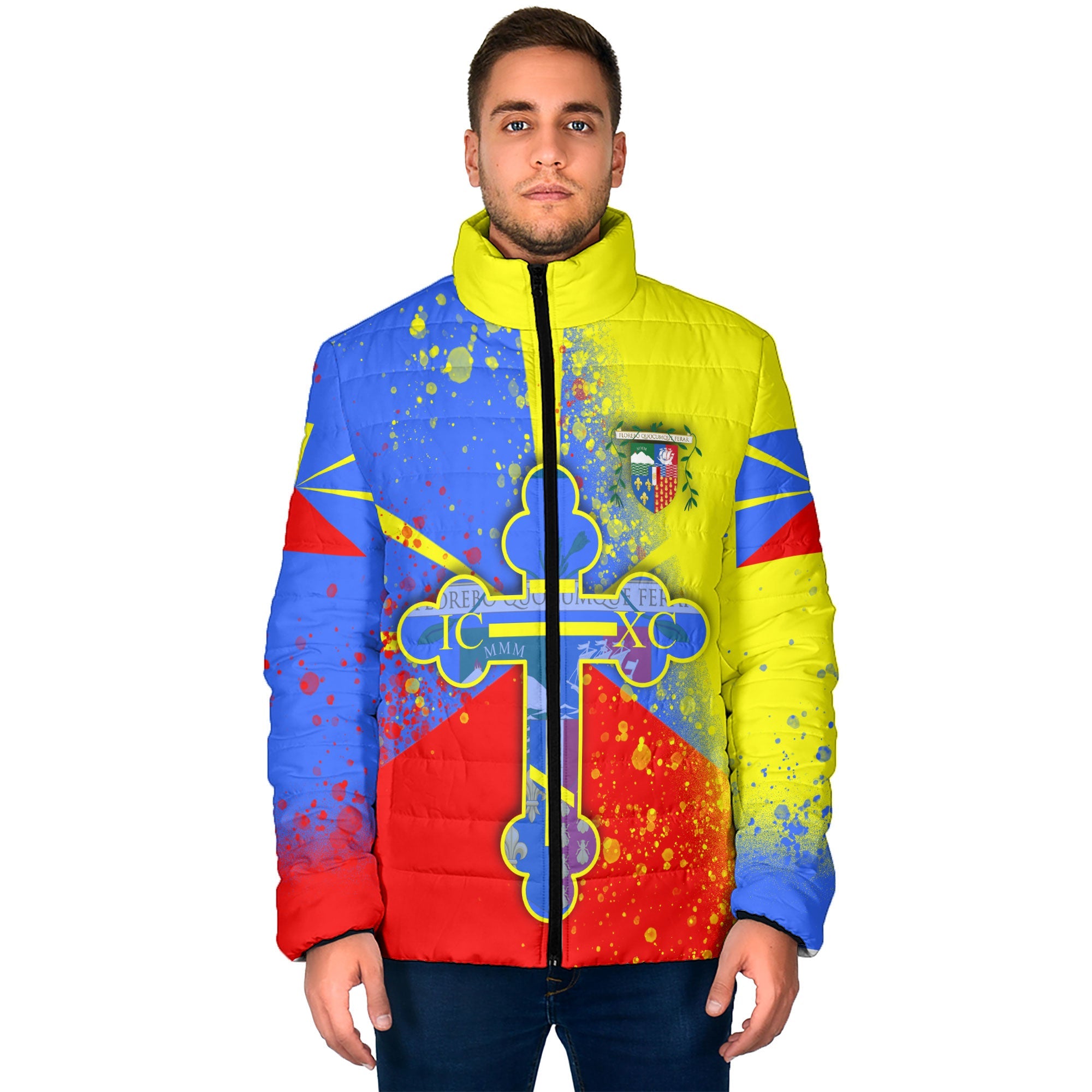 Reunion Men Padded Jacket Flag & Coat Of Arms Orthodox Style