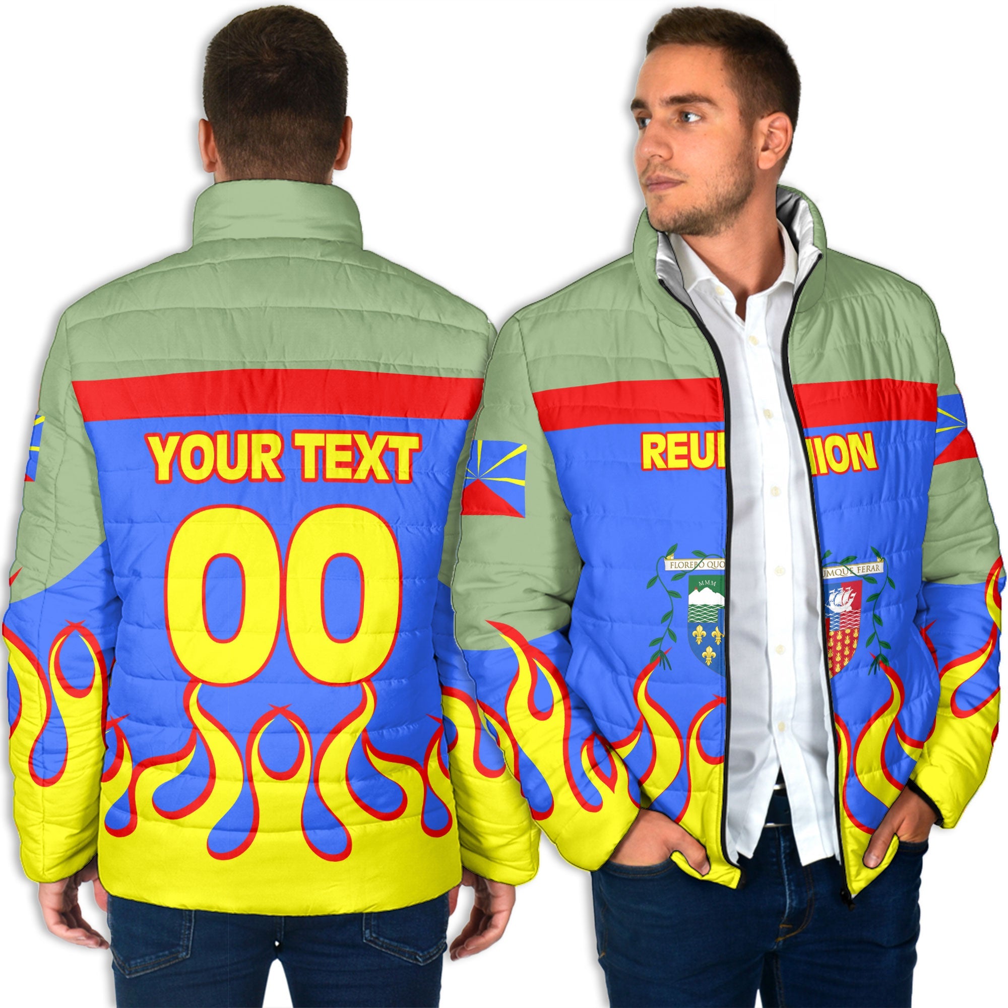 Reunion Men Padded Jacket Flag & Coat Of Arms Fire Hockey Style