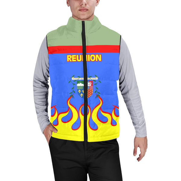 Reunion Men Padded Jacket Vest Flag & Coat Of Arms Fire Hockey Style