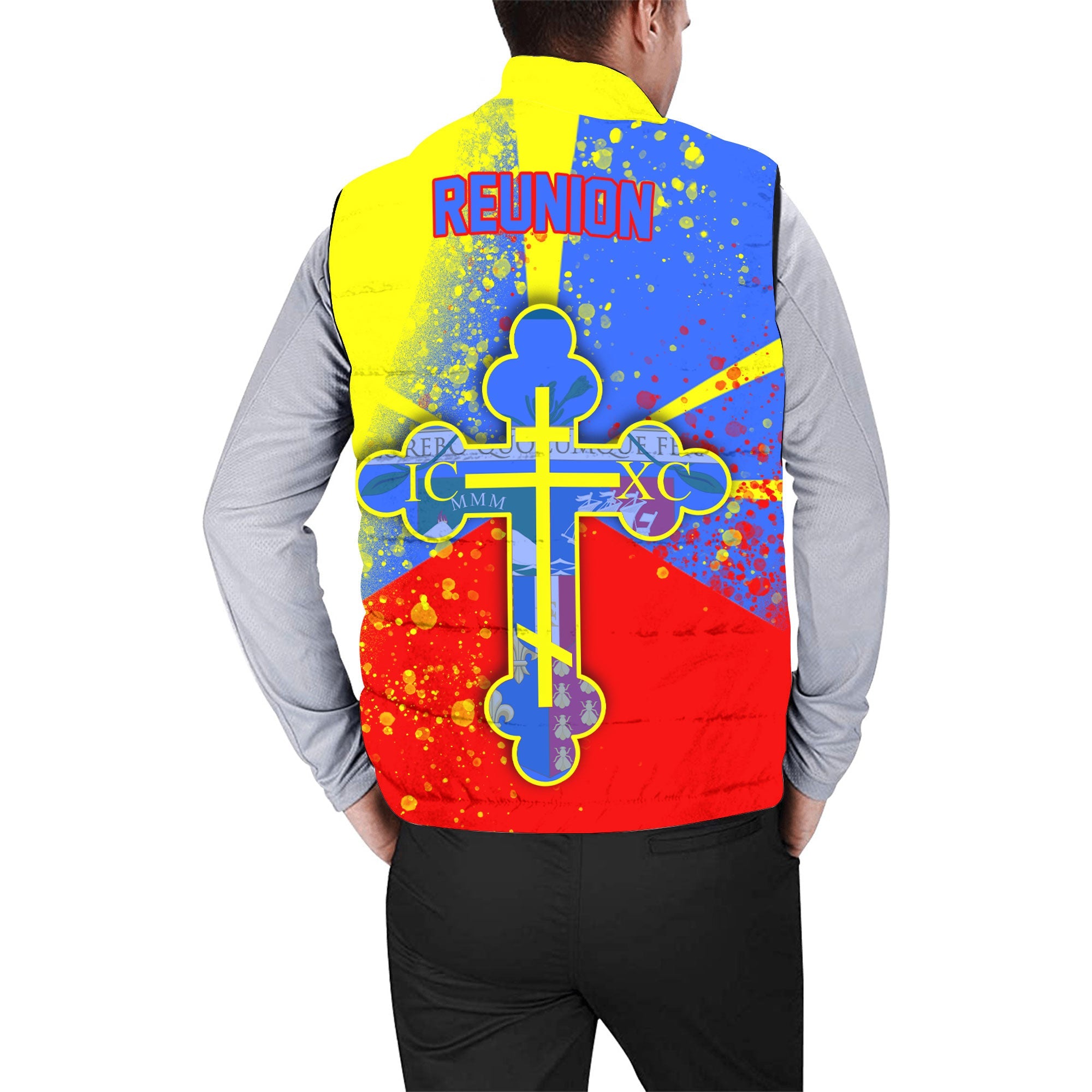 Reunion Men Padded Jacket Vest Flag & Coat Of Arms Orthodox Style