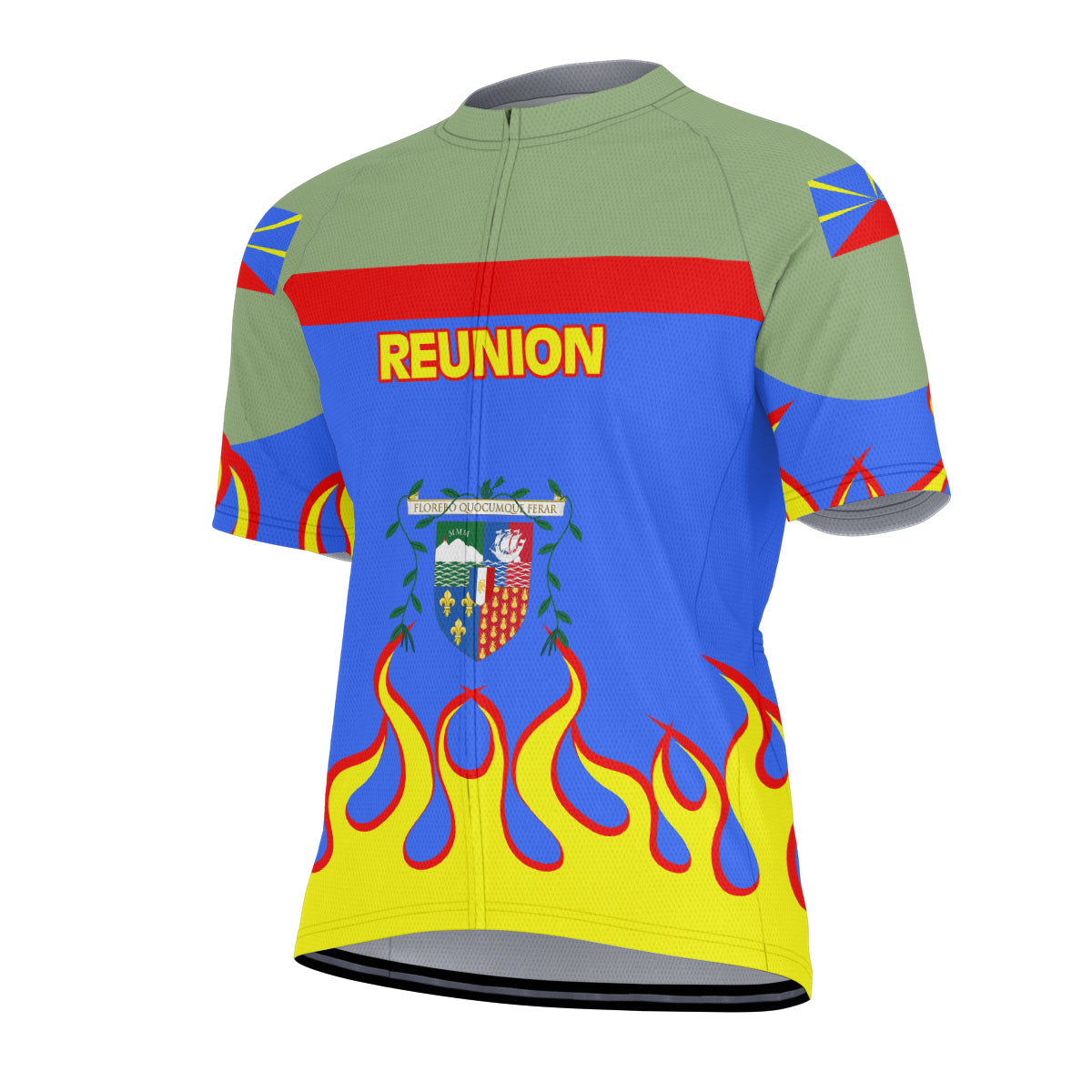 Reunion Men's Cycling Jersey Flag & Coat Of Arms Fire Hockey Style