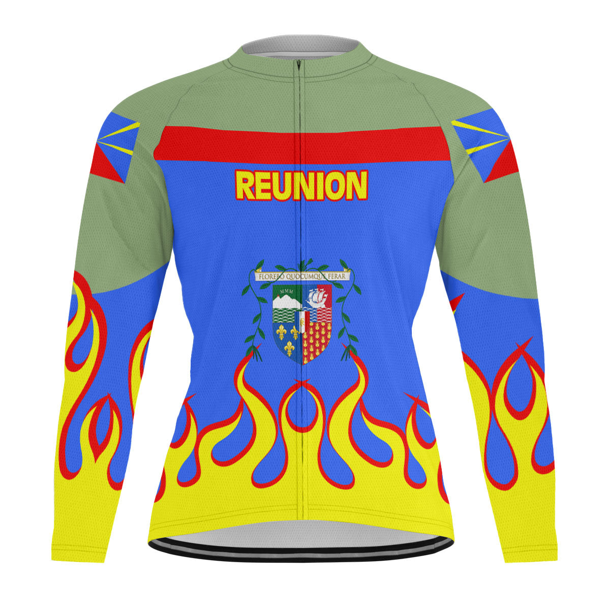 Reunion Men's Cycling Jersey Long Sleeve Flag & Coat Of Arms Fire Hockey Style