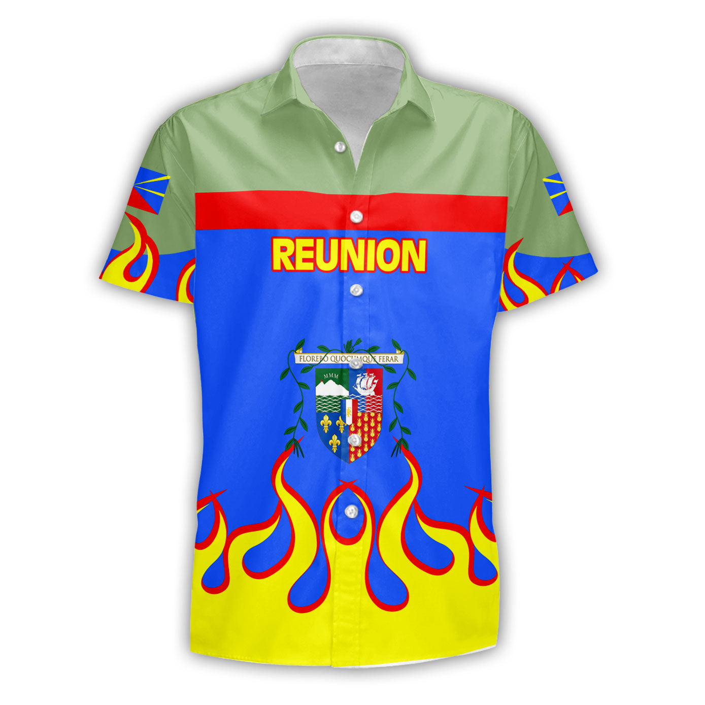 Reunion Short Sleeve Shirt Flag & Coat Of Arms Fire Hockey Style