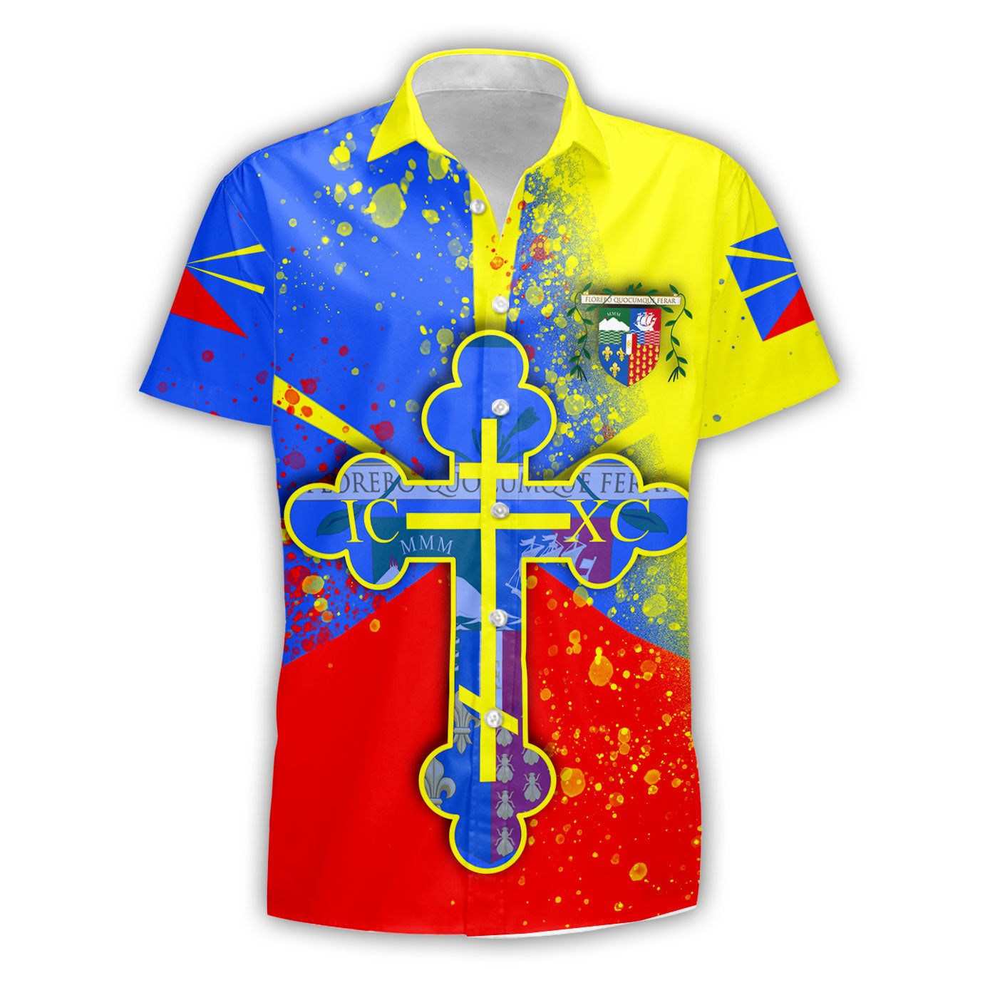 Reunion Short Sleeve Shirt Flag & Coat Of Arms Orthodox Style