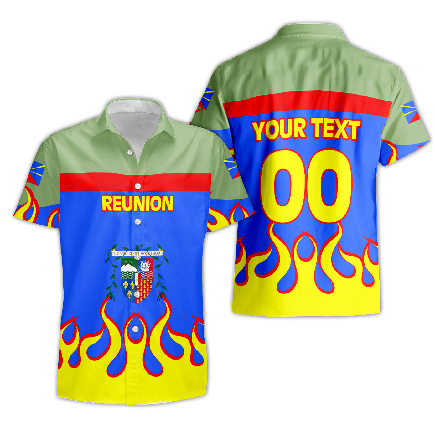 Reunion Short Sleeve Shirt Flag & Coat Of Arms Fire Hockey Style