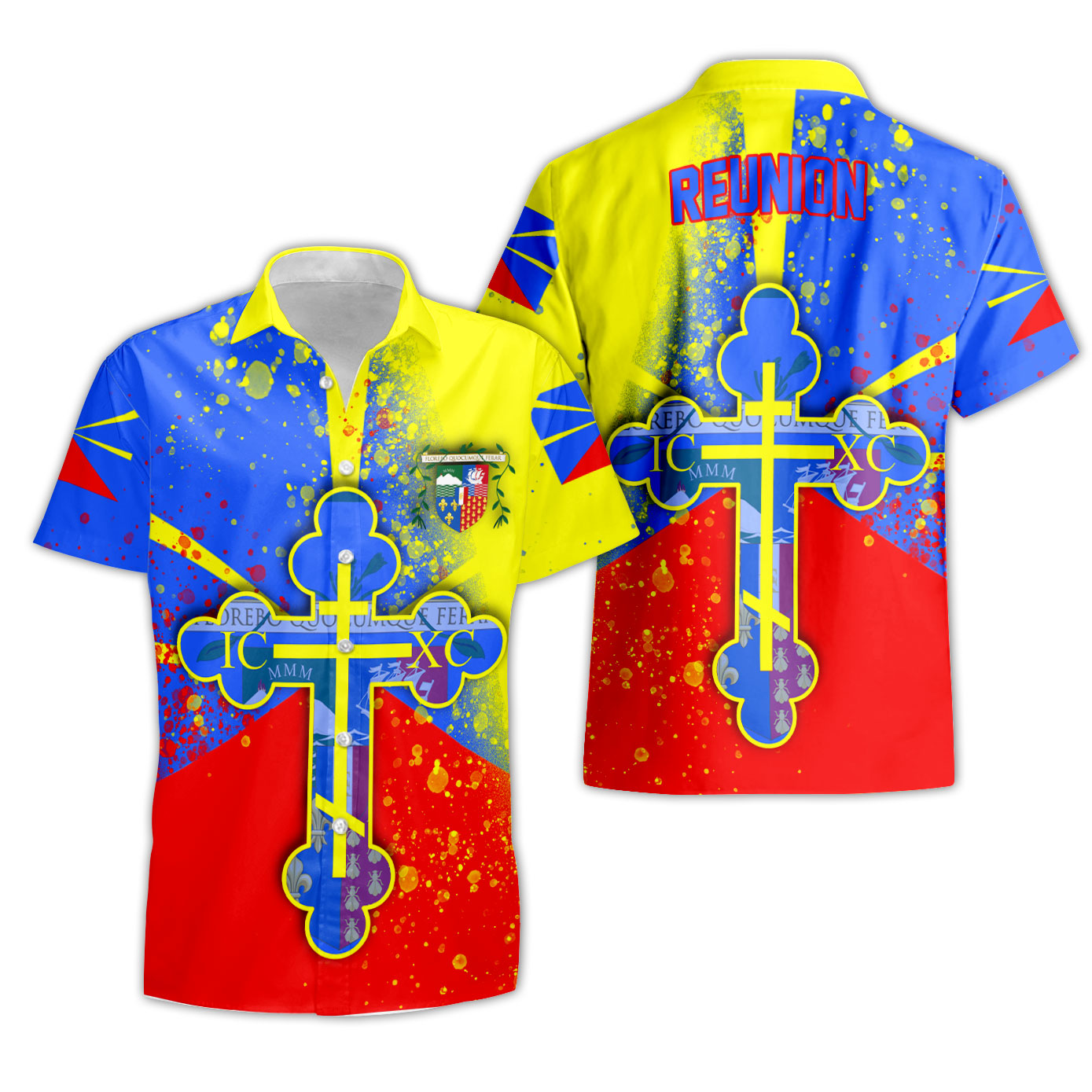 Reunion Short Sleeve Shirt Flag & Coat Of Arms Orthodox Style