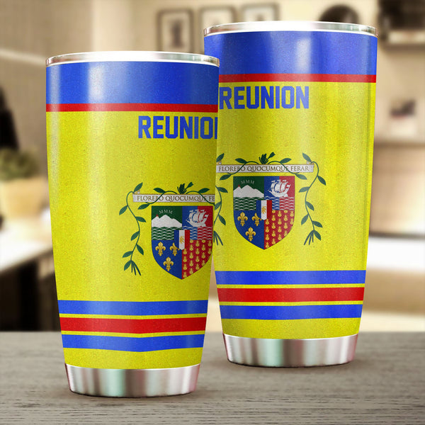 Reunion Stainless Steel Glitter Tumbler Flag & Coat Of Arms Hockey Style