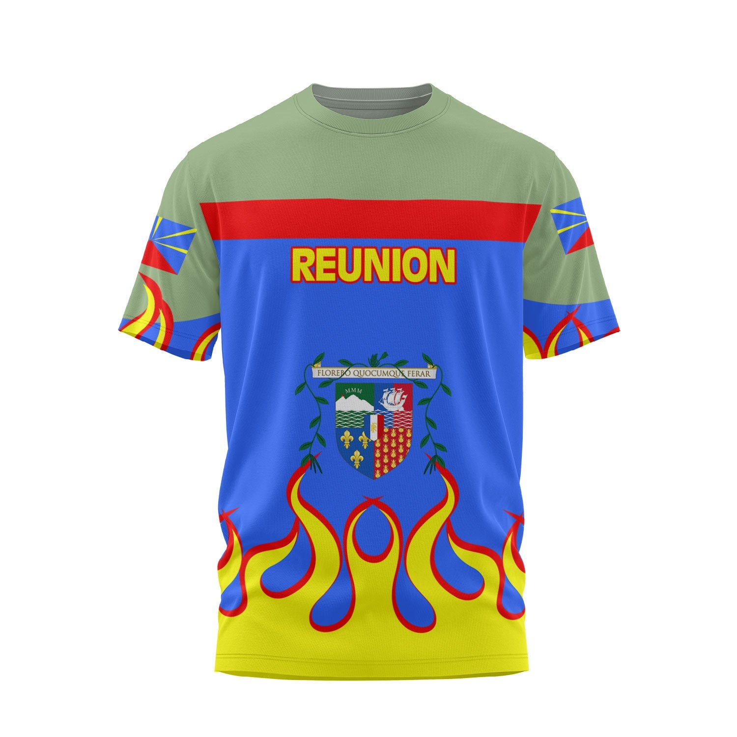 Reunion T Shirt Flag & Coat Of Arms Fire Hockey Style