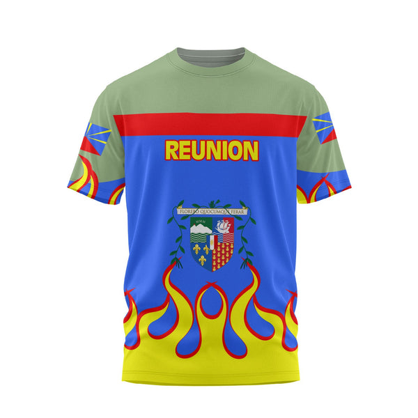 Reunion T Shirt Flag & Coat Of Arms Fire Hockey Style