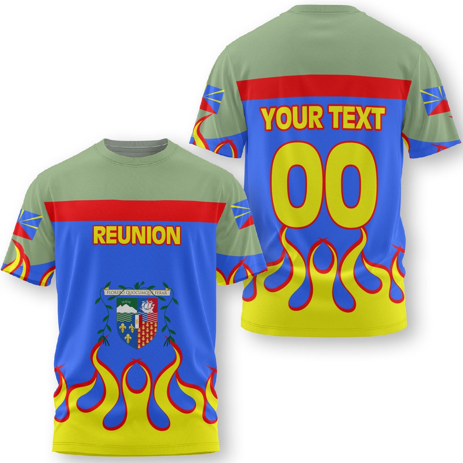 Reunion T Shirt Flag & Coat Of Arms Fire Hockey Style