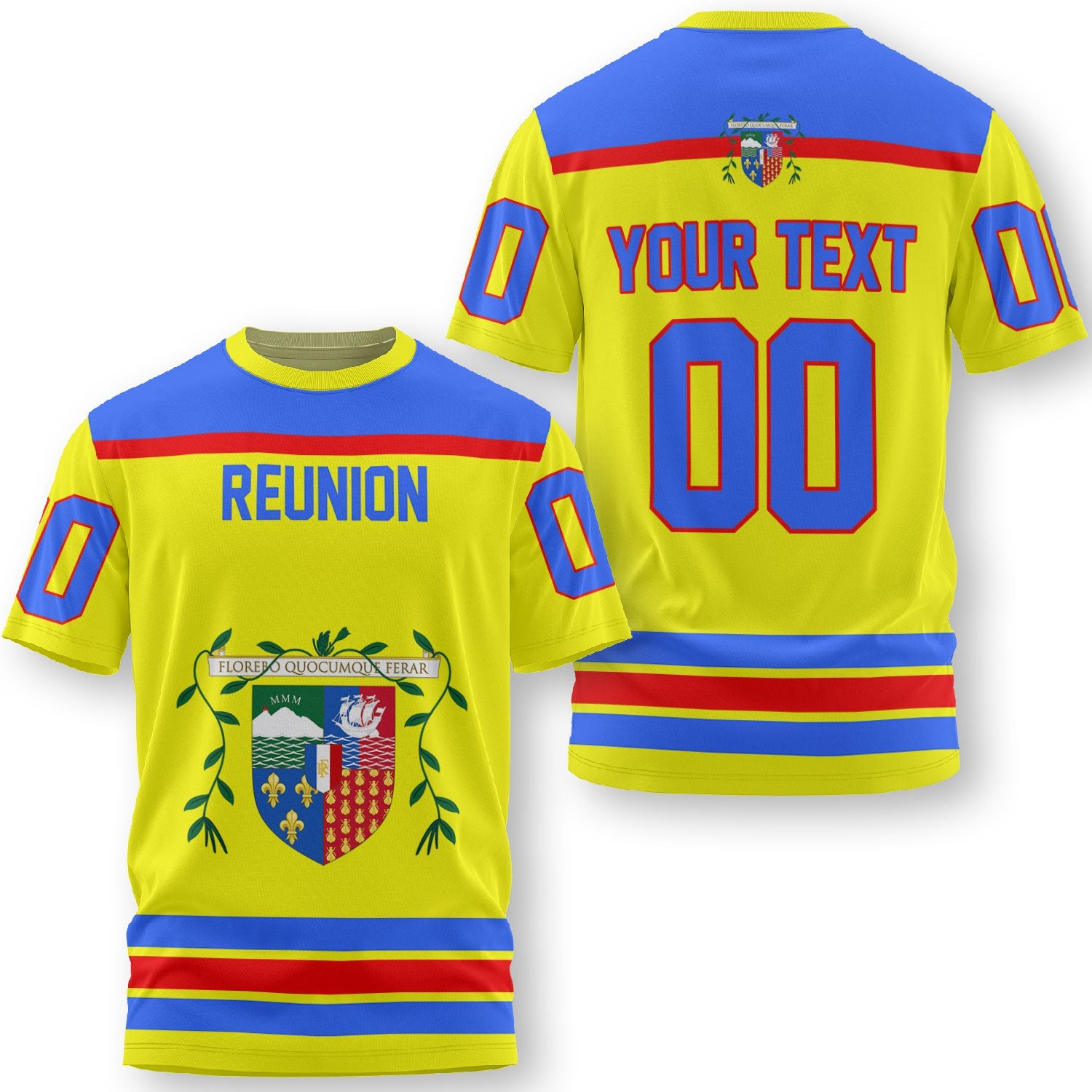 Reunion T Shirt Flag & Coat Of Arms Hockey Style