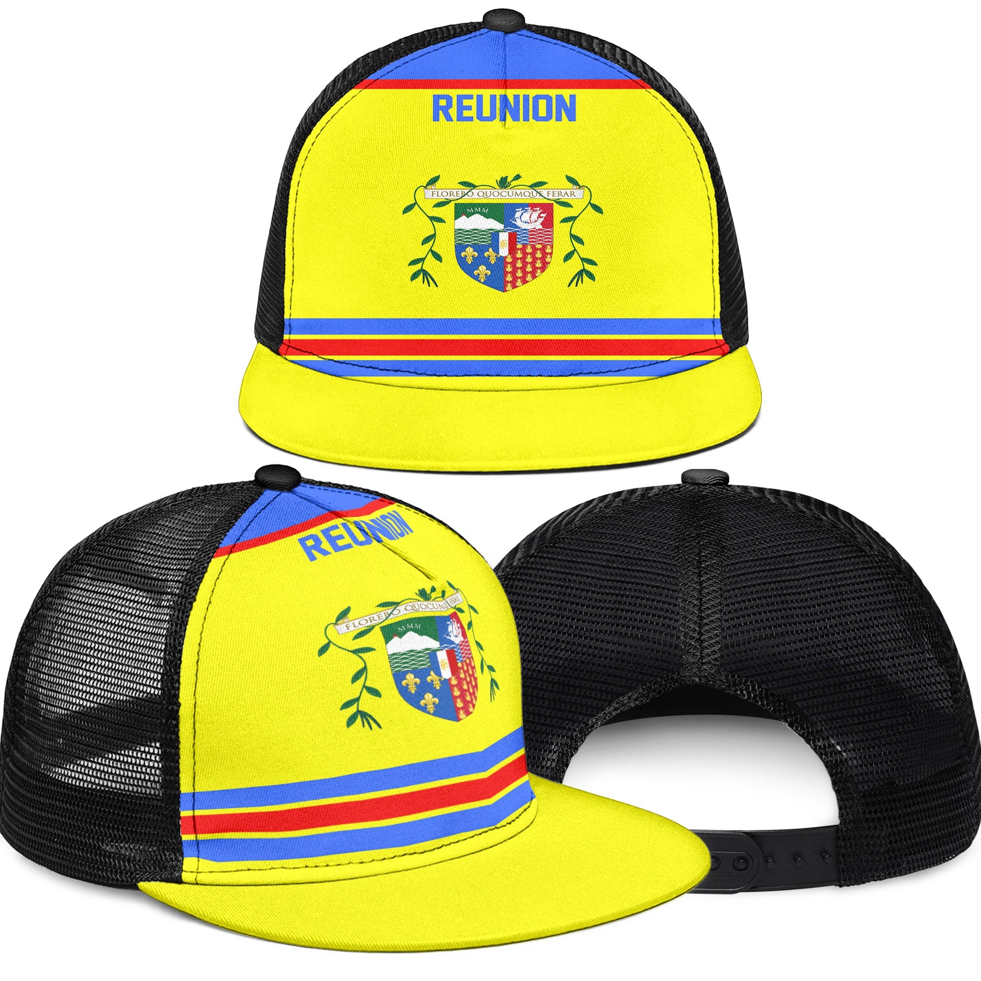 Reunion Trucker Hat Flag & Coat Of Arms Hockey Style