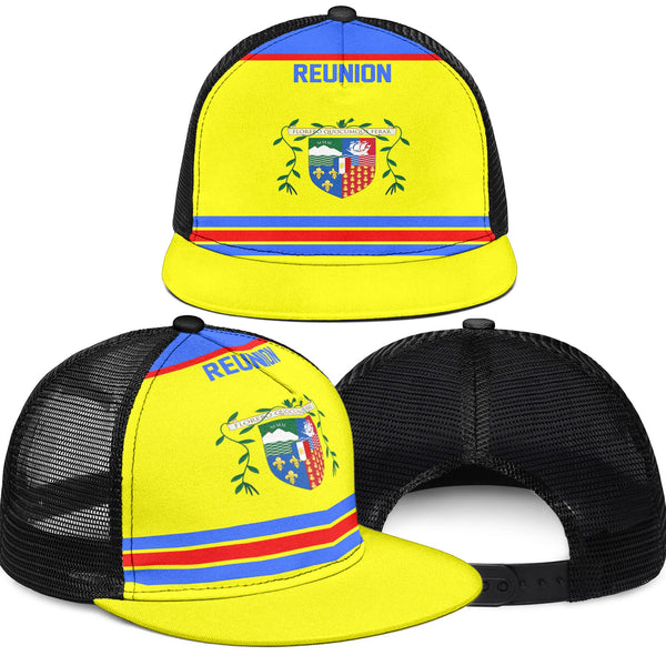 Reunion Trucker Hat Flag & Coat Of Arms Hockey Style