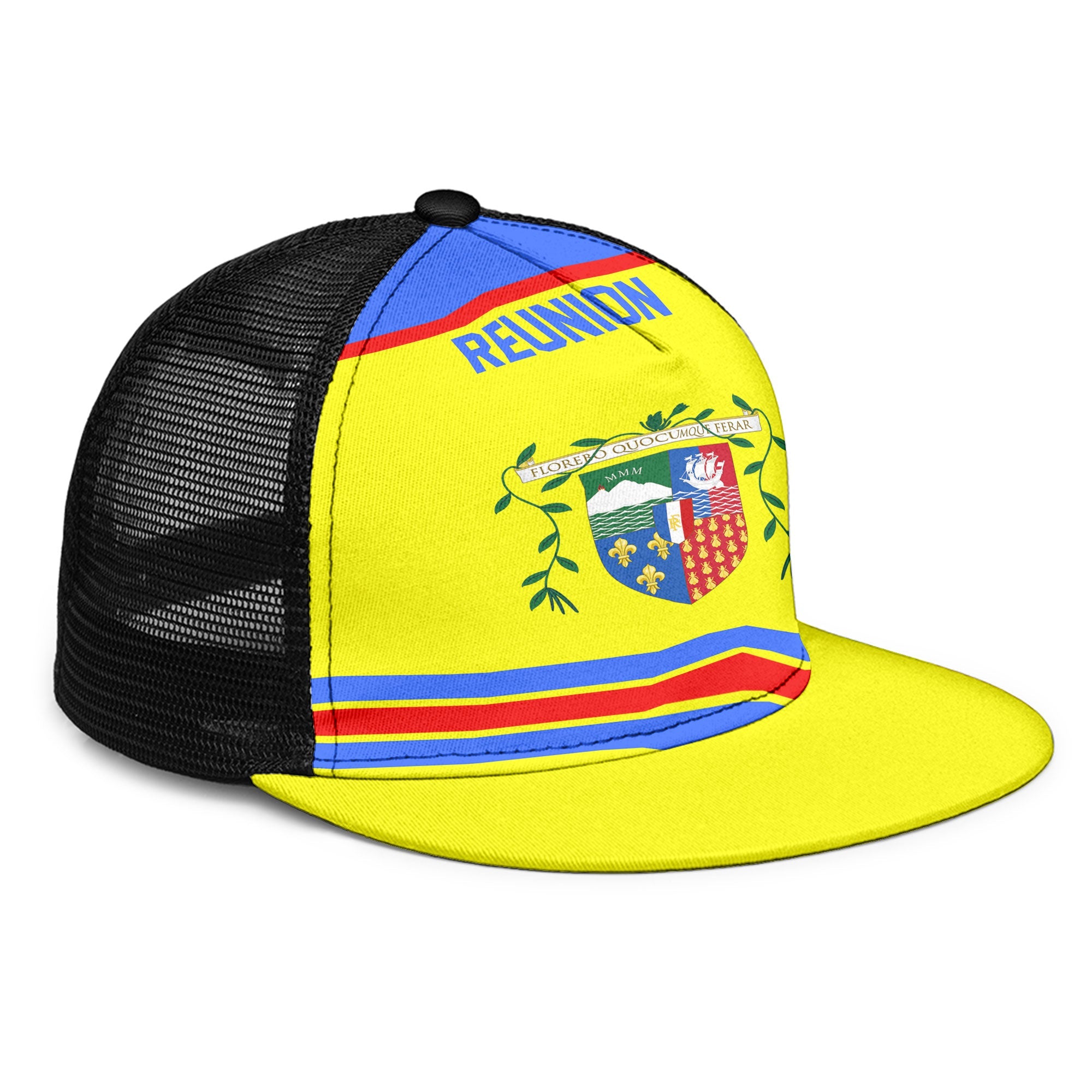 Reunion Trucker Hat Flag & Coat Of Arms Hockey Style