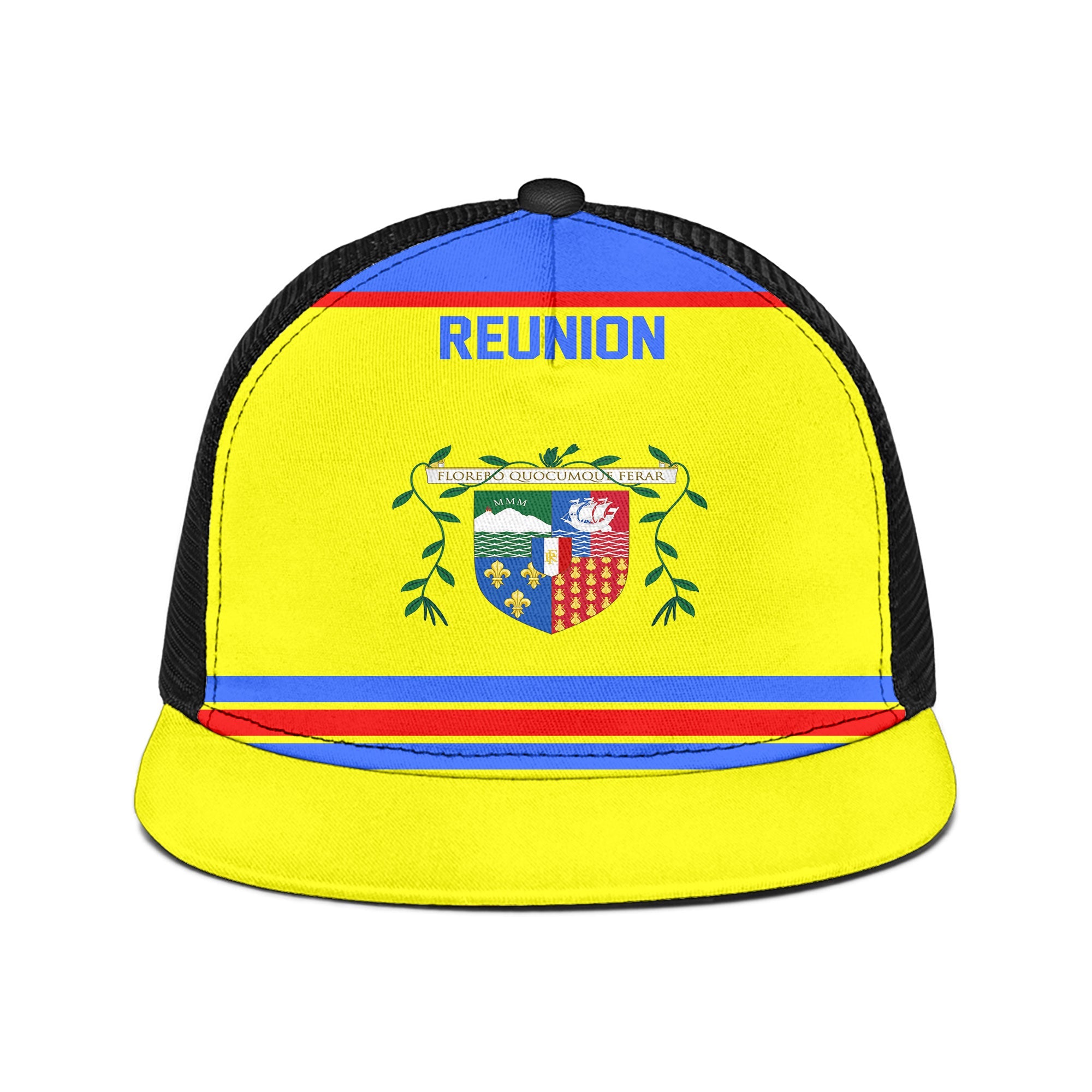 Reunion Trucker Hat Flag & Coat Of Arms Hockey Style