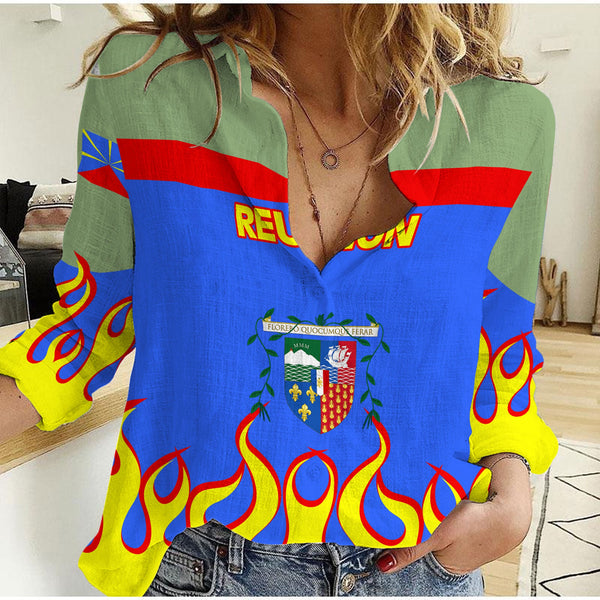 Reunion Women Casual Shirt Flag & Coat Of Arms Fire Hockey Style