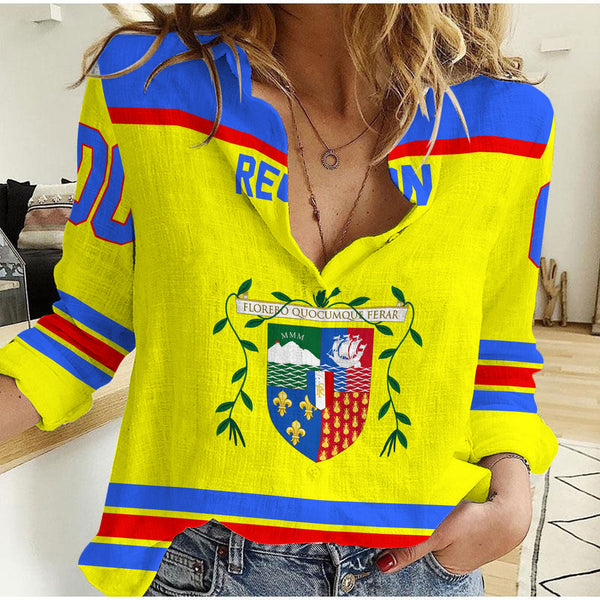 Reunion Women Casual Shirt Flag & Coat Of Arms Hockey Style