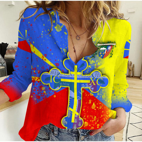 Reunion Women Casual Shirt Flag & Coat Of Arms Orthodox Style