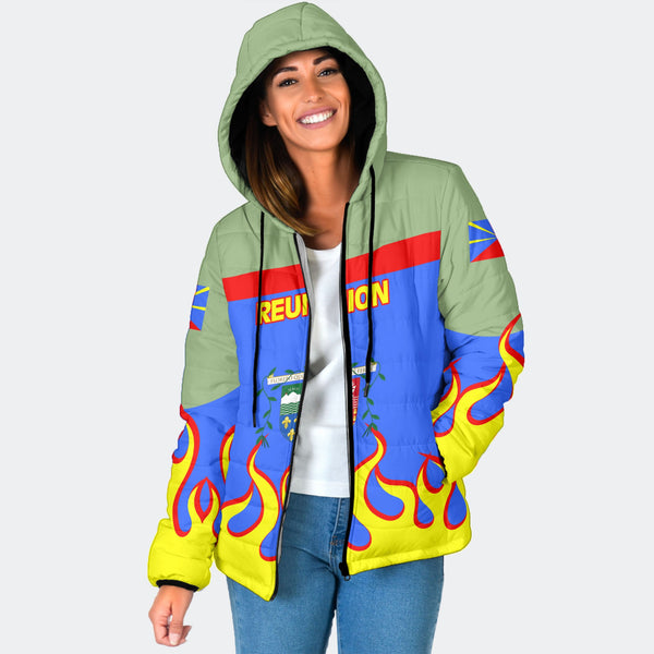 Reunion Women Hooded Padded Jacket Flag & Coat Of Arms Fire Hockey Style