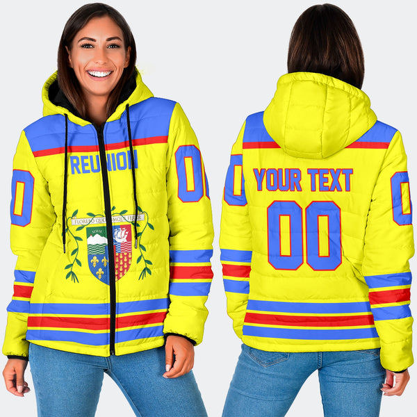 Reunion Women Hooded Padded Jacket Flag & Coat Of Arms Hockey Style