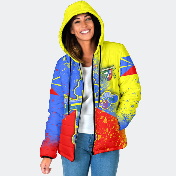 Reunion Women Hooded Padded Jacket Flag & Coat Of Arms Orthodox Style